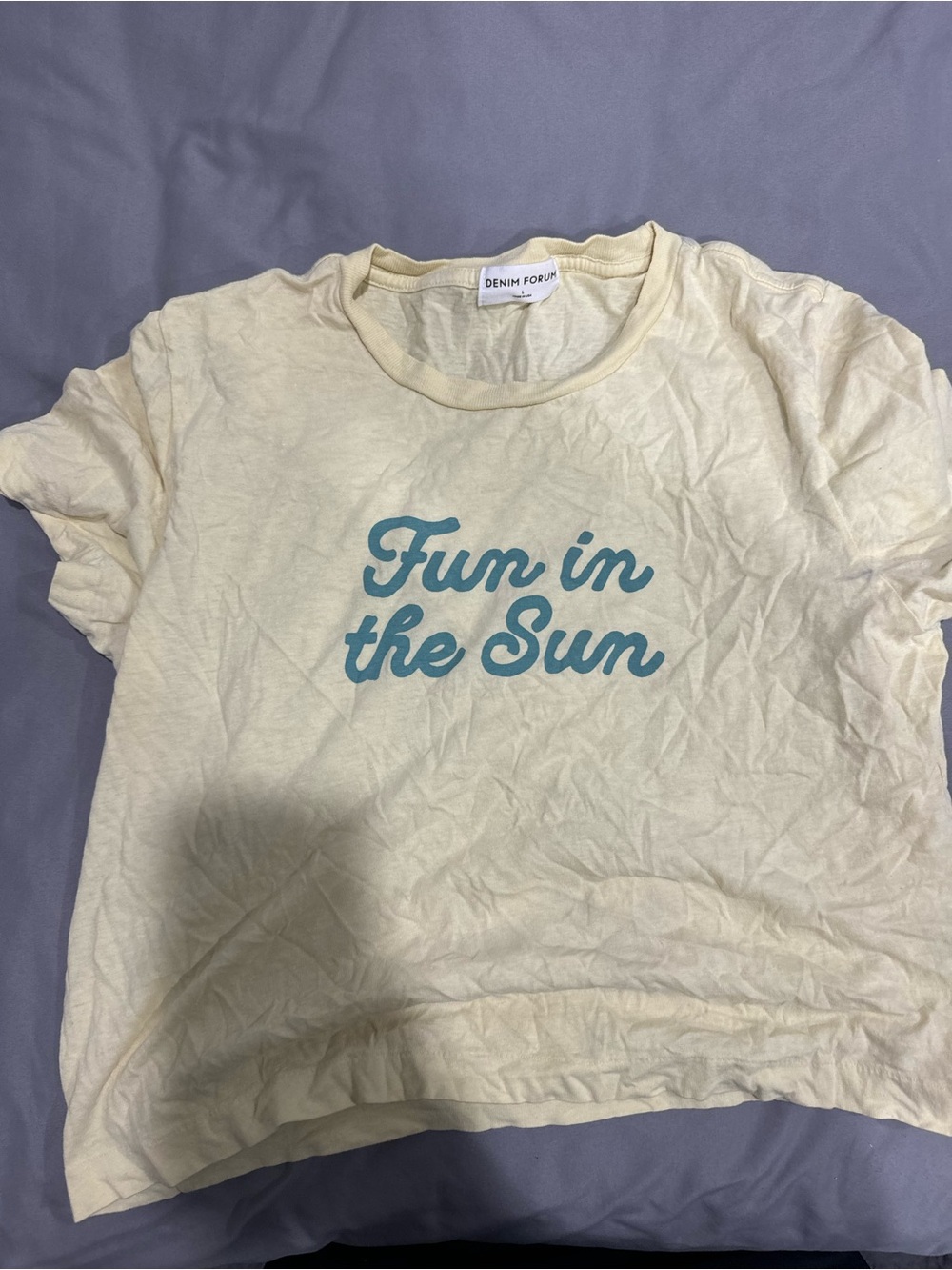 Denim Forum Cream Tee with Teal "Fun in the Sun" Graphic